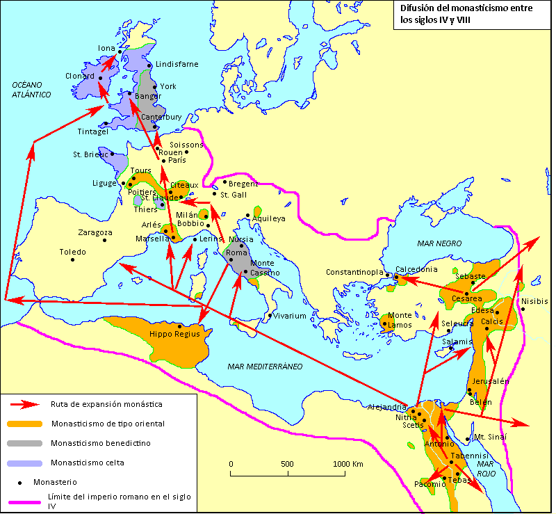 Mapa de la difusión del monasticismo entre los siglos IV y VIII
