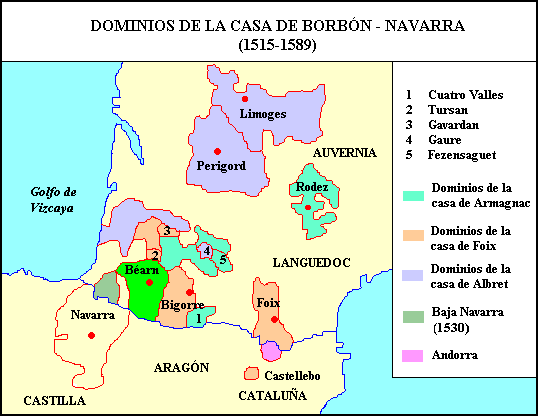 Mapa de los dominios de la casa de Borbón-Navarra