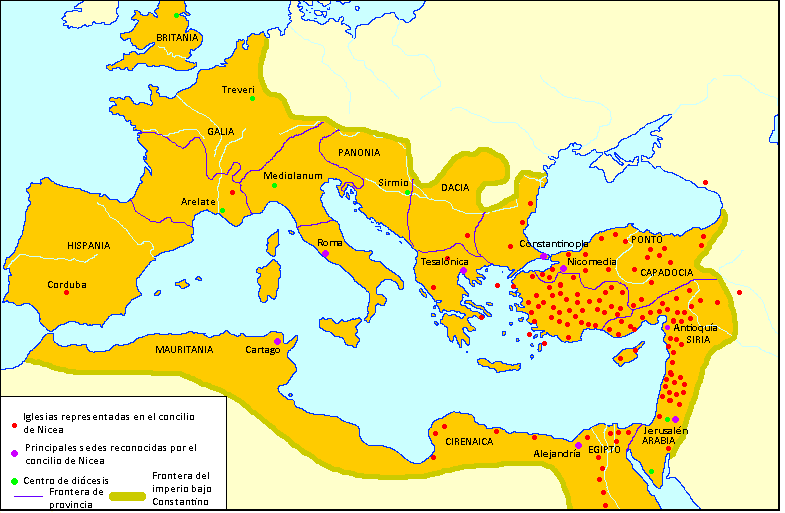 Mapa de las iglesias representadas en el concilio de Nicea, en 325