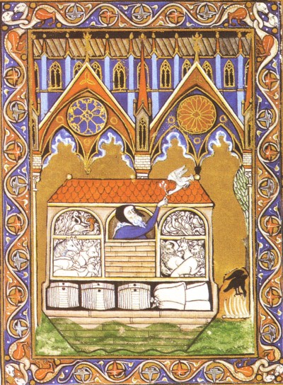 Noé recibe la paloma de vuelta al arca, Salterio de San Luis,1260-1270. Bibliothèque nationale de France,Ms. lat. 10525, París