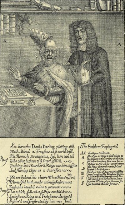 Dibujo satírico de Oates, el diablo y el papa