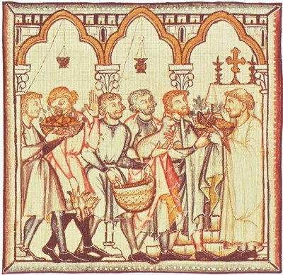 Laicos llevando las primicias a la iglesia. Additional MS 20787, f. 104v.