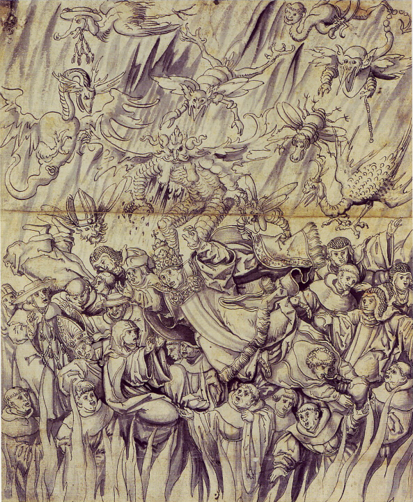 Caída del papa y sus seguidores, c. 1538, pluma, pincel y aguada gris del taller de Cranach el Viejo