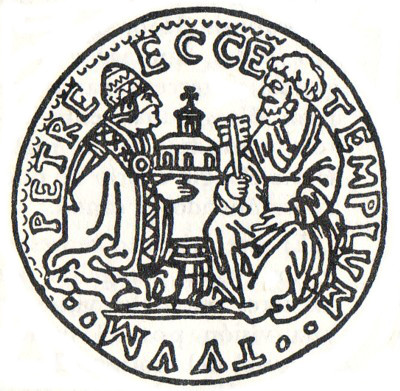 Medalla que representa al papa sosteniendo la Iglesia ante Pedro.