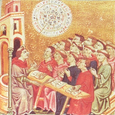 Clérigos estudiando el computus, para establecer la fecha de Pascua. Ejemplar de principios del siglo XIV de un tratado de Guillaume Durandus, titulado Rationale Divinorum Officiorum. Additional MS 31032, f. 1.