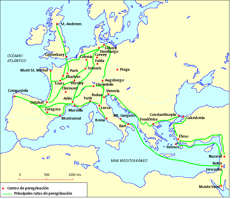 Mapa de las principales rutas de peregrinación medieval
