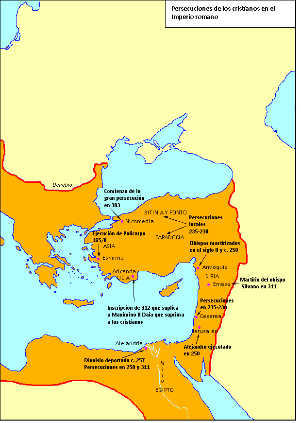 Mapa de la persecución de los cristianos en la parte oriental del imperio