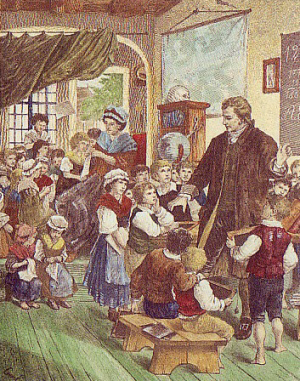 Pestalozzi en su escuela de Neubof, dibujo de Conrad Ermisch, 1882