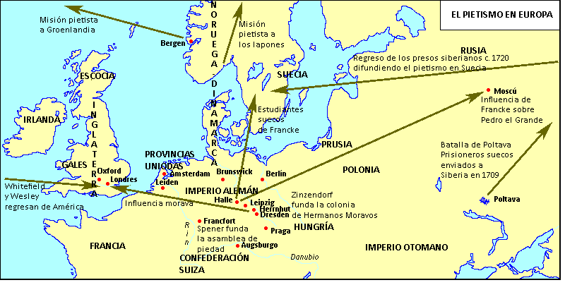 Mapa de difusión del pietismo en Europa