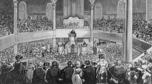 Predicación en una abarrotada iglesia londinense en el siglo XIX