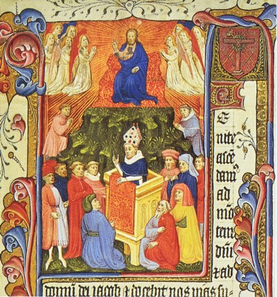 El arzobispo Pedro de Aix predicando, ejemplar inglés del siglo XV de su comentario Compendium Super Bibliam, Royal MS 8 G iii, f.2.