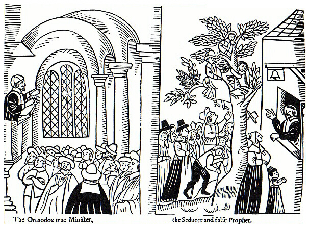 Un dibujo pro-anglicano contrasta al 'verdadero ministro ortodoxo' predicando en la Iglesia, con el separatista 'seductor y falso profeta' predicando desde la ventana de una taberna