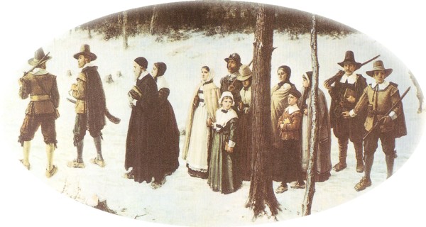 Puritanos de camino a la iglesia en Nueva Inglaterra