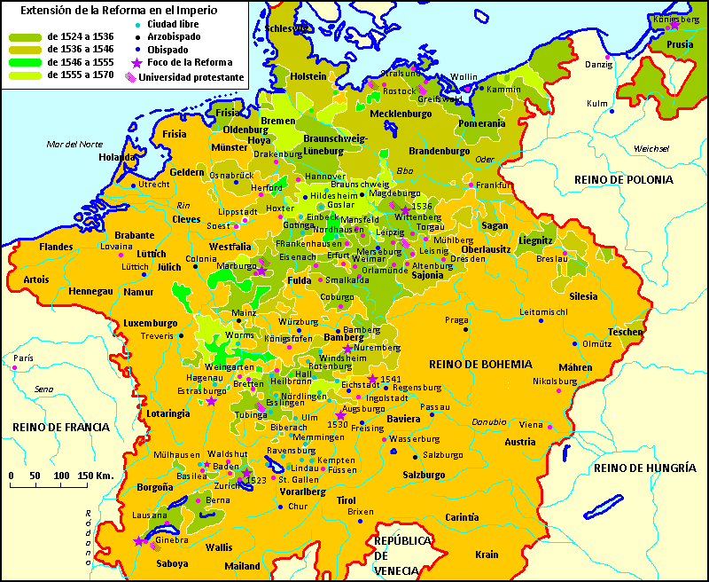 Mapa de extensión de la Reforma en el Imperio