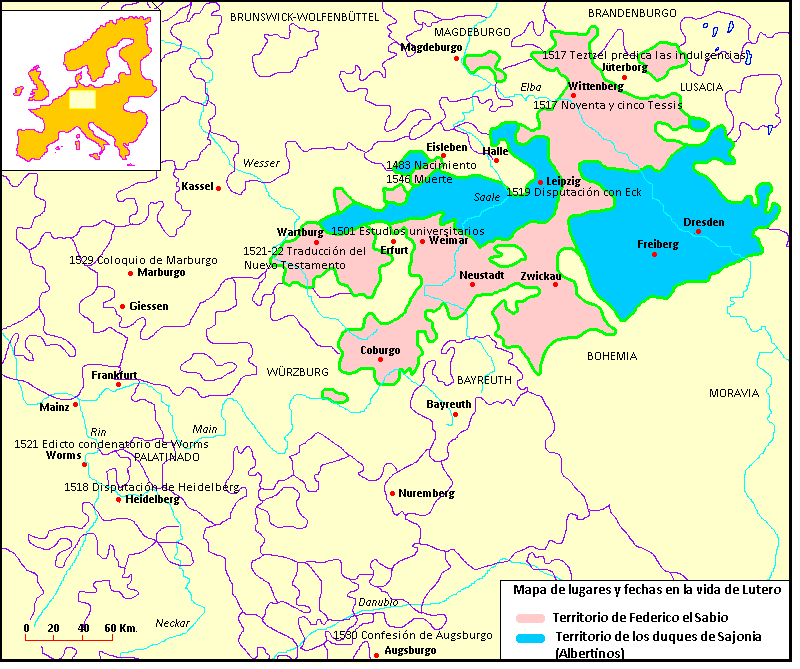 Mapa de los lugares y fechas principales en la vida de Lutero