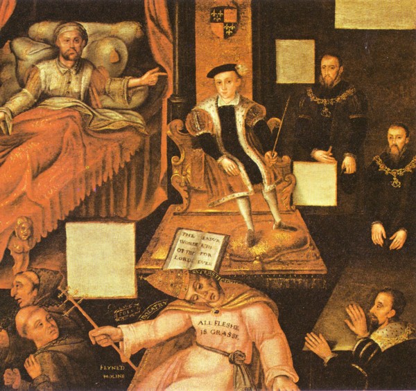 La Reforma en Inglaterra. Enrique VIII señala a su hijo y sucesor Eduardo VI. Mientras el papa languidece, Thomas Cranmer está al lado del heredero como consejero