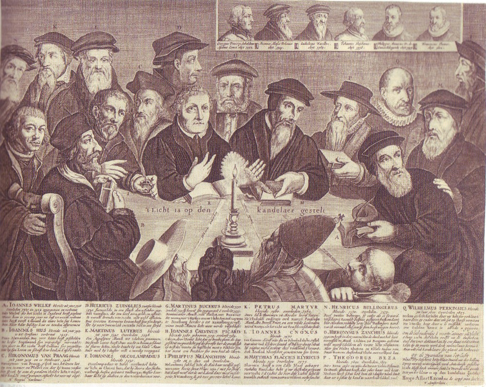 El candelero. En primer plano y de espaldas un cardenal, el diablo, el papa y un monje soplan para apagar la luz.Alrededor de la mesa los reformadores.