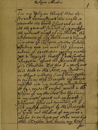 Facsímil de la primera página de Religio Medici