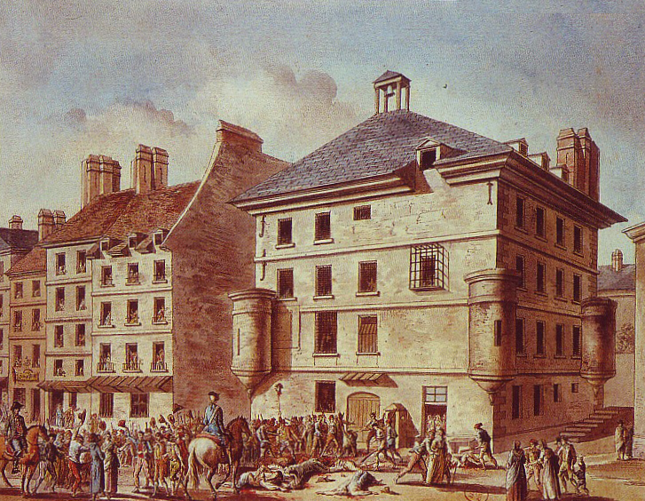 La masacre en la Rue de l'Abbaye en París del 2 al 6 de septiembre de 1792, dibujo de Chauvet