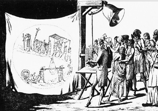 Los ciudadanos franceses contemplan una linterna mágica que satiriza la religión