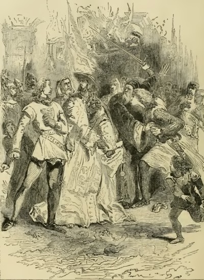 Ricardo esgrimiendo su espada ante el legado papalIlustración de Cassell's Illustrated History of England