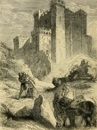 Ricardo recibe la herida mortal frente al castillo de ChâlusIlustración de Cassell's Illustrated History of England