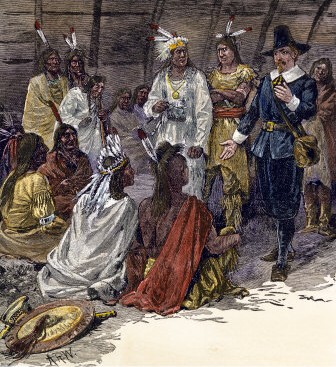 Roger Williams en el consejo Canonicus Sachem, de la tribu Narragansett