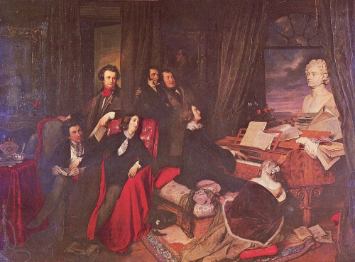 Liszt al piano, cuadro de Josef Danhauser. Encima del piano hay un busto de Beethoven, en la pared cuelga un cuadro de Lord Byron. De izquierda a derecha: Alejandro Dumas, George Sand y Rossini