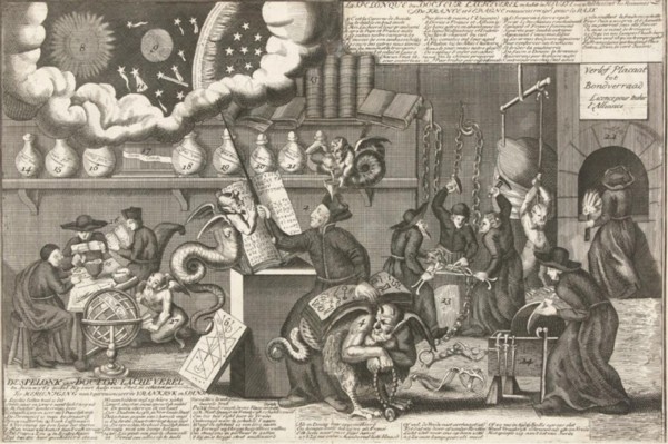 Caricatura de Henry Sacheverellrepresentado como jesuita y alquimista trabajando con demonios en un laboratorio.