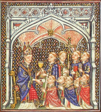 Escena de un pontifical francés, c. 1380, mostrando a un obispo impartiendo la eucaristía a sacerdotes recién ordenados. Yates Thmposon MS 24, f. 76