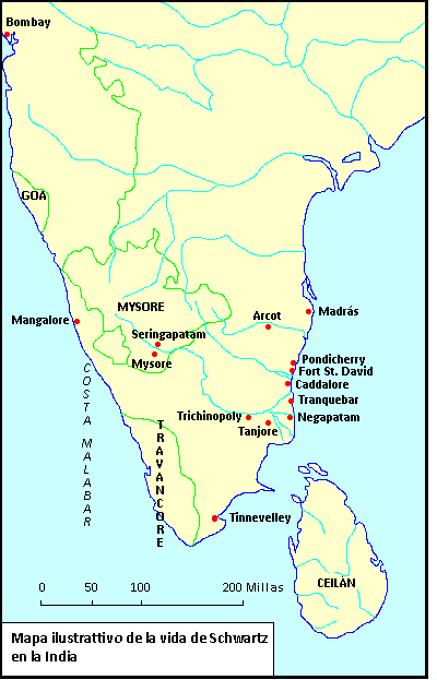 Mapa ilustrativo de la vida de Schwartz en la India