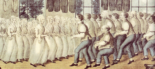 Shakers cerca del Líbano, litografía de N. Currier (1813-1888) y J. M. Ives (1824-1895), colección privada, Bridgeman Art Library, Londres/Nueva York