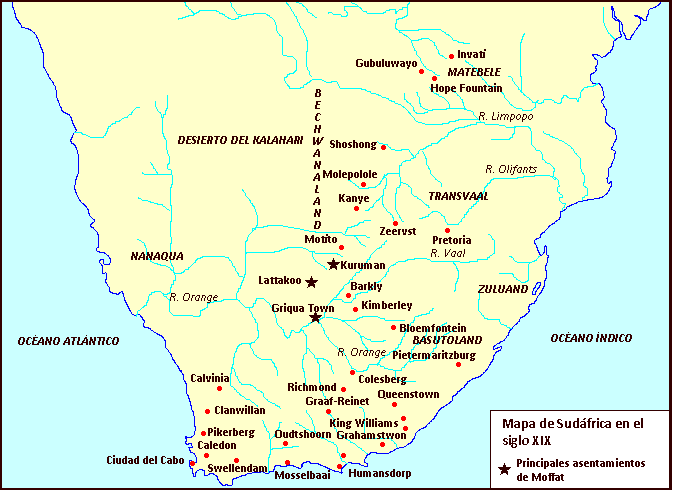 Mapa de Sudáfrica en el siglo XIX - Principales asentamientos de Moffat
