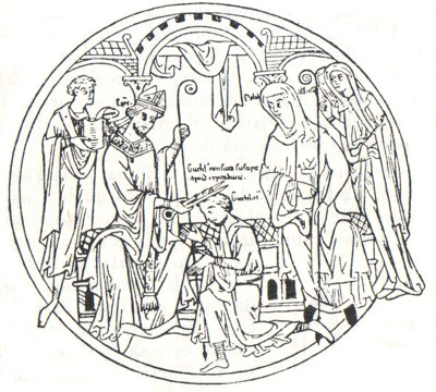Guthlac recibiendo la tonsura del obispo Hella,de un rollo que representa escenas de su vida.Inglaterra c. 1210. Herley Roll