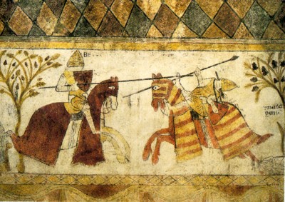 Enfrentamiento entre un caballero francés y Manfredo de Sicilia, hijo de Federico II, fresco del siglo XIII