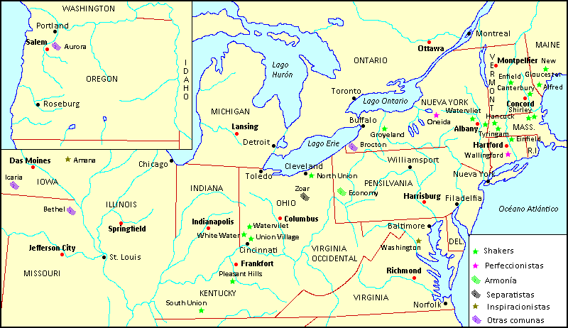 Mapa de las comunidades utópicas en América