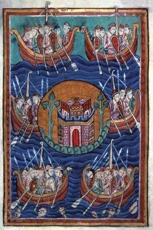 Barcos vikingos llegando a Britania;manuscrito iluminado inglés, c. 1130