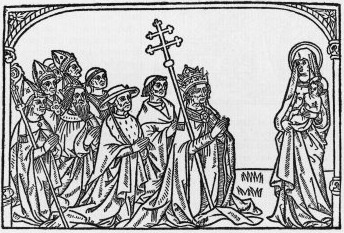 Eclesiásticos arrodillados ante la Virgen y el Niño