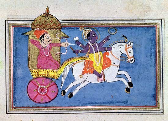 Krishna, avatar de Visnú, montado en un caballo tirando de Arjuna, héroe delMahabarata. Ilustración del siglo XVII. Photos.com/Jupiterimages