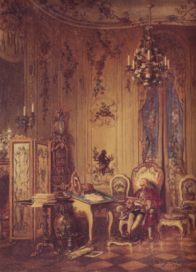 Voltaire en su despacho en el palacio de Sans-Souci, pintura de August Borckmann, 1874
