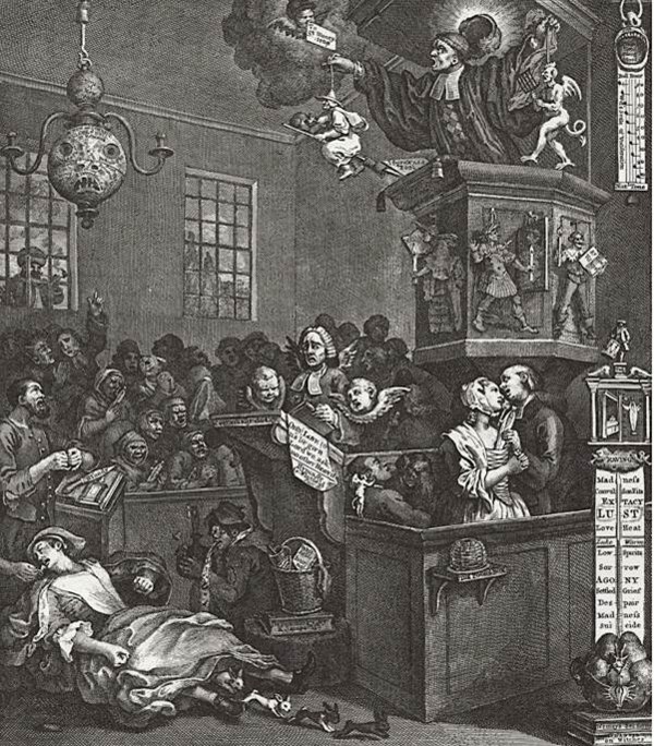 Grabado de William Hogarth ridiculizando a Whitefield, quien predica desde el atril