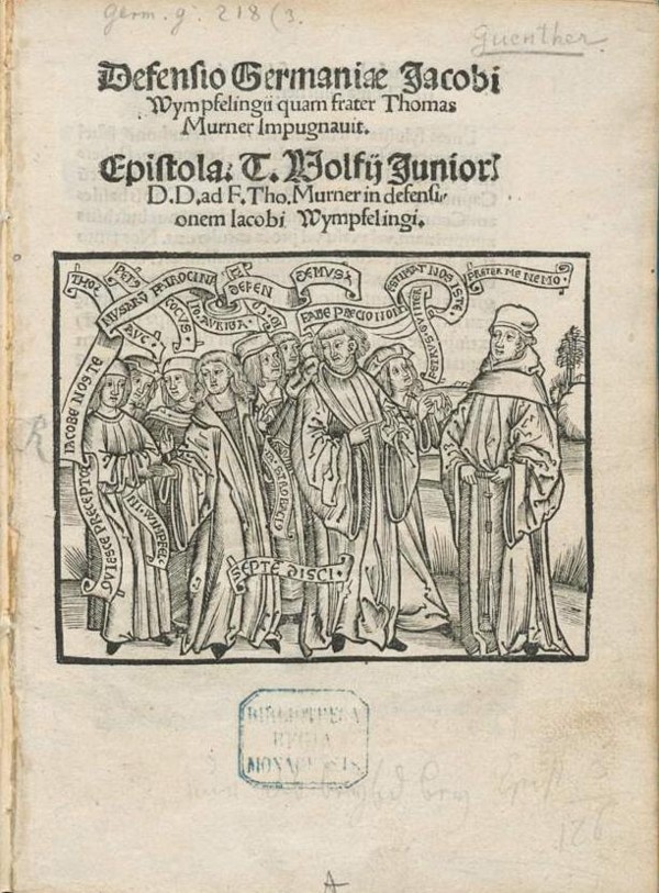 Jakob Wimpfeling con sus alumnos, portada de Defensio Germaniae