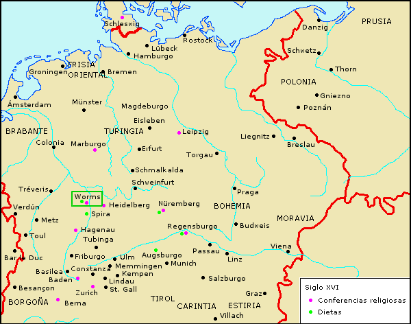 Mapa de las principales conferencias religiosas del siglo XVI en territorio alemán