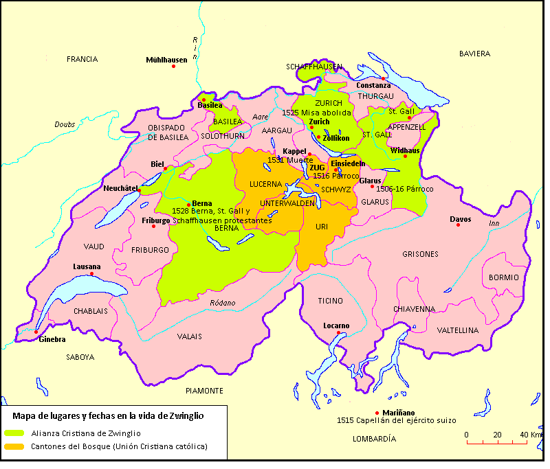 Mapa de los lugares y fechas importantes en la vida de Zwinglio